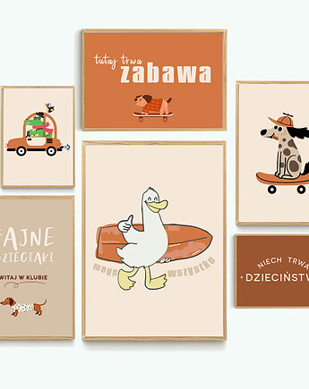 Fajne plakaty - zestaw beżowy zwierzęta hulajnoga rower, ALE Pomysl