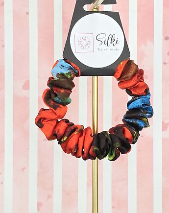 S wąska gumka do włosów jedwab naturalny scrunchie czerwona kolorowa, Silki