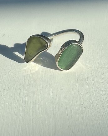 Pierścionek Open ze szkłem morskim Doubletrouble, bluewavestudio