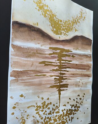 PROMOCJA! Złote akwarele 30x42 abstrakcja morze szlagmetal złoto folia Golden, kkjustpaint Karolina Kamińska