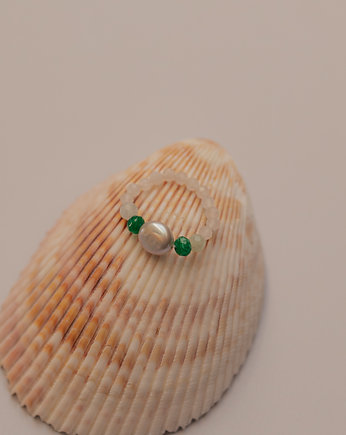 Pierścionek z Perłą Jadeitem i Kwarcem, w hand works