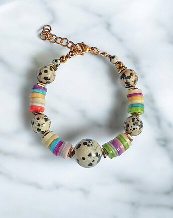 UNIKATOWA bransoletka: kolorowa muszla i jaspis dalmatyński, kaktusia