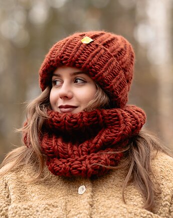 Wełniana czapka i komin- komplet zimowy peruvian WOOLY rudy brąz, sploteka