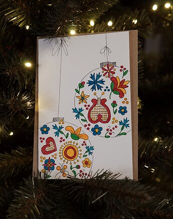 Kartka Świąteczna Bombki kociewskie, akwarela., decotyw