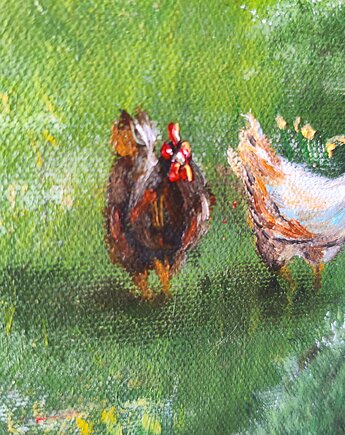 Majowy obraz 50x70 wieś chaty ule łąka kwiaty skansen kury kogut maj, kkjustpaint Karolina Kamińska