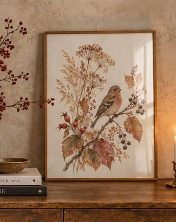 PLAKAT zięba, vintage ilustracja botaniczna, jesienna dekoracja, black dot studio