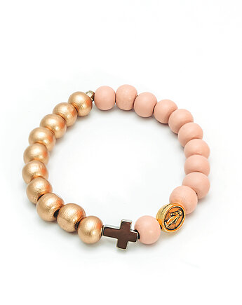 Różowo złota bransoletka z krzyżykiem, różaniec na rękę, drewno, Yamira Art Studio