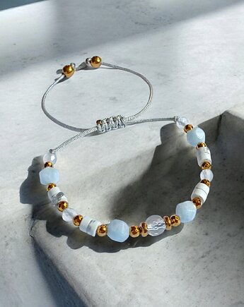 NIEBIAŃSKA bransoletka: kryształ górski, akwamaryn, howlit, agat, hematyt, kaktusia