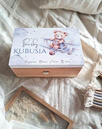 MIŚ W SAMOLOCIE metryczka urodzenia kuferek wspomnień drewniane pudełko, LOO LOO DREAM