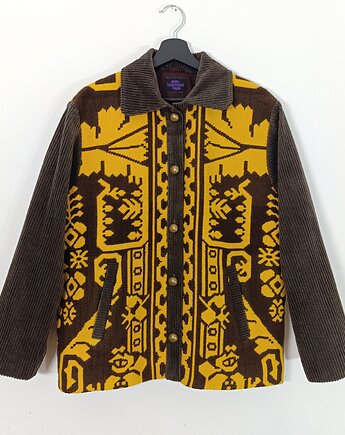 Kurtka żółto-brązowa M, z ludowej, wełnianej tkaniny, kapotka