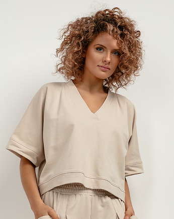 Bluza kimono z dekoltem V, T416, jasnobeżowy, TESSITA