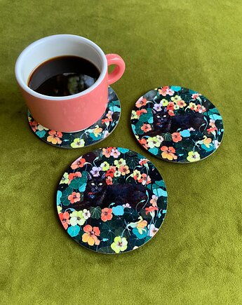 Podkładki pod kubek- Czarny kot w nasturcjach- Coasters, BOSKE