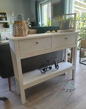 Konsolka komoda drewniana biała przecieranay 2 szufladami vintage regał Mel, PiorunowoSzafa