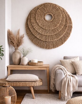 Rozeta asymetria, makrama ścienna Boho z juty , naturalna, minimalistyczna, MiAdi
