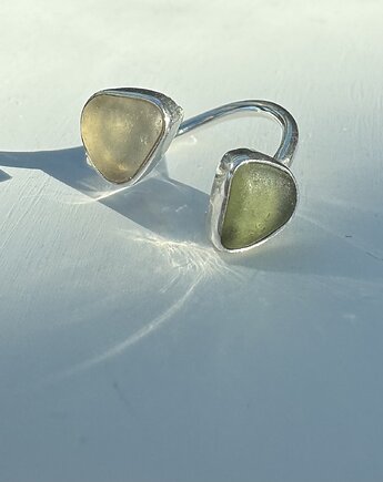 Pierścionek Open ze szkłem morskim Doubletrouble, bluewavestudio