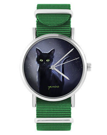 Zegarek - Czarny kot , noc - zielony, nylonowy, OSOBY - Prezent dla teścia
