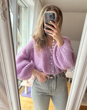 Moherowy kardigan mgiełka liliowy  z ozdobnymi biżuteryjnymi guzikami handmade, GANGSTA KNIT