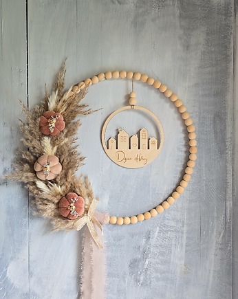 Jesienny wianek boho z dyniami i trawą pampasową, BohoSuszki