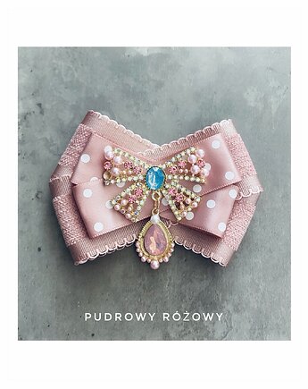 Brosza Biała Glamour z obłędnym kryształem kokarda, Pudrowy Różowy