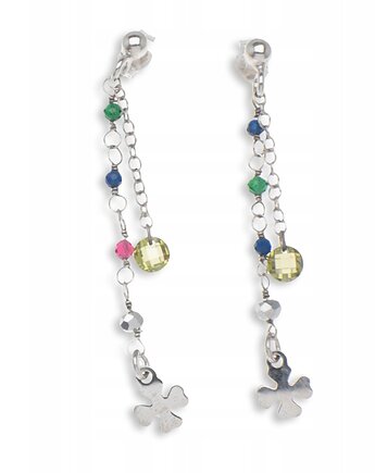 Kolczyki srebrne 925 wielokolorowe z koniczynką długie wiszące na sztyft, Ade Art