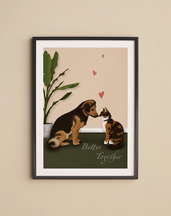 Ilustracja Autorska: Better Together (pies i kot stykające się noskami), Burakovvska