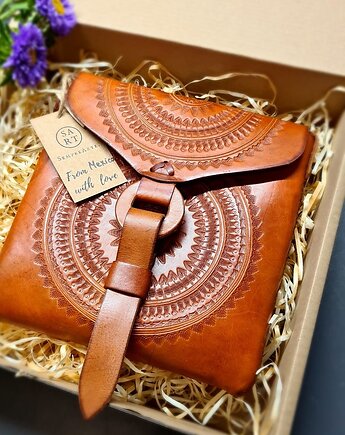 Torebka skórzana ręcznie robiona góralska Carola Brązowa wzory zakopane, SempreArte