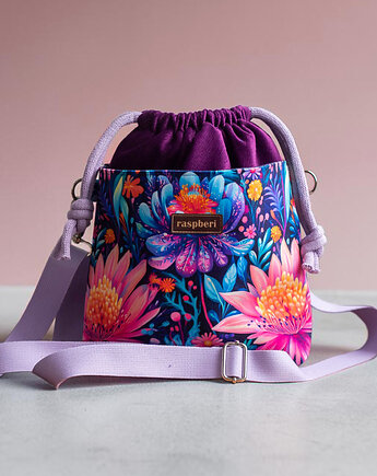 Fioletowa listonoszka z kominem z tłoczonego weluru i weluru w kwiaty handmade, raspberi