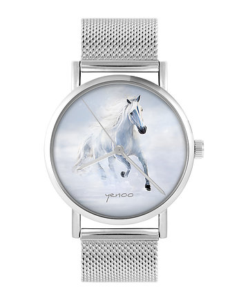 Zegarek - Biały koń biegnący - bransoleta mesh, yenoo