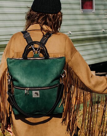 Plecak / torba 2 w 1 z nubuku tapicerskiego butelkowa zieleń, Karolina Audycka