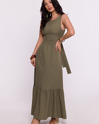 Sukienka z gumowanym paskiem i wiązaniem na plecach - oliwkowa(B-281), Be