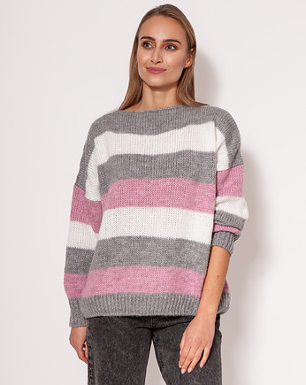 Oversize'owy sweter w paski - SWE299 szary/róż/ecru MKM, MKMswetry
