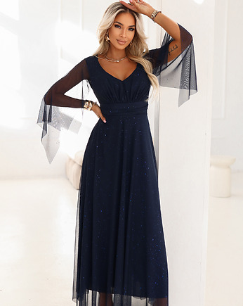 655-3 Długa połyskująca w świetle suknia z dekoltem - granatowa, NUMOCO