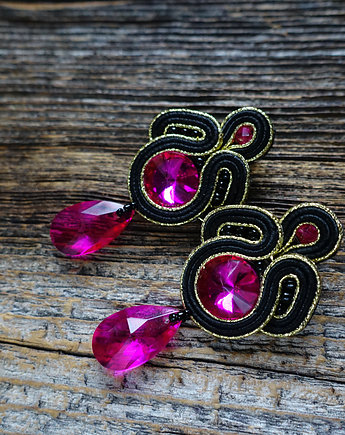 Róż, czerń i złoto-  kolczyki soutache, Mró Soutache