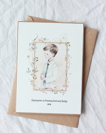 Rustykalne zaproszenia komunijne. Chłopiec, papierkarnia