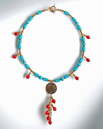 UNIKATOWY naszyjnik : INDIA : turkus, czerwień złoto, kaktusia