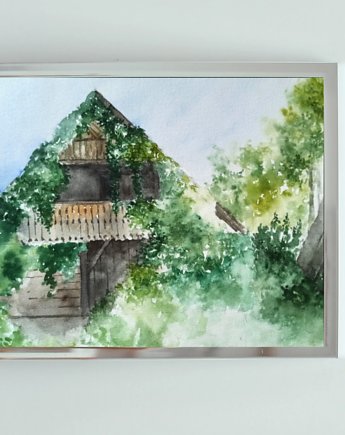 WYPRZEDAŻ SZTUKI! Akwarela Dom w zieleni oryginalny obraz 300g A4 21x30 cm, Kwitnace