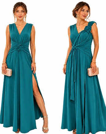 Sukienka Maxi  Rozporek Drapowanie z Różą zieleń turkusowa, MM FASHION
