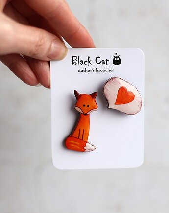 Komplet broszek Lisek + Serce. Ręcznie malowane, Black Cat