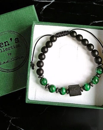 OCHRONA, MIŁOŚĆ, ODWAGA - malachit, turmalin, onyks - bransoletka regulowana, kaktusia