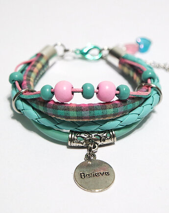 Bransoletka - Believe, inspire - rzemienie, turkus, róż, yenoo