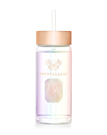 Szklana butelka na wodę z kwarcem różowym i słomką 400ml - hologram, CRYSTALLOVE