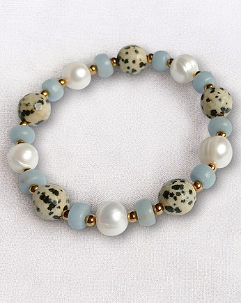 Anielska bransoletka : angelit, perły, jaspis : na gumce, kaktusia