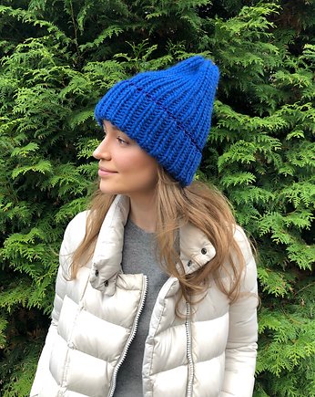 Wełniana czapka z dodatkiem błyszczącej nitki handmade ręczna robota kobalt, GANGSTA KNIT