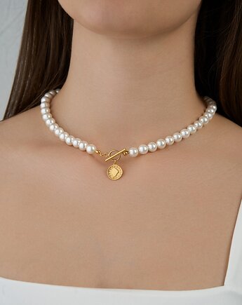 Choker naszyjnik perły moneta-  srebro 925 pozłacane