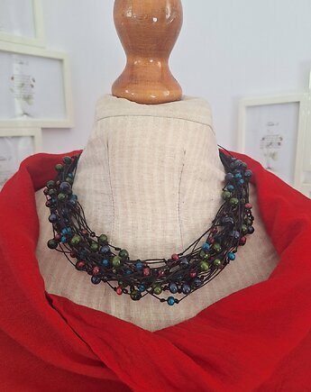 Letni Naszyjnik lniany z kolorowym drewnem.Stonowany, cynamonn