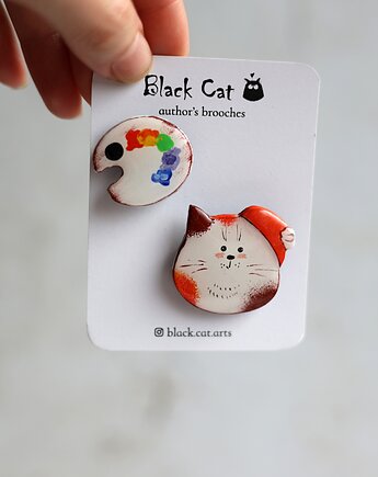 Komplet broszek Kot artysta + paleta. Ręcznie malowane, Black Cat