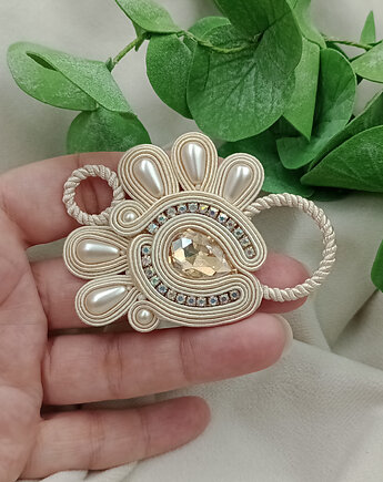 Duża kryształowa broszka, ecru broszka soutache sutasz, Soutacheria