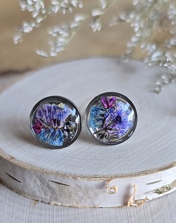 Wieczne kwiaty kolczyki wkręty fioletowa gipsówka, zkwiatem