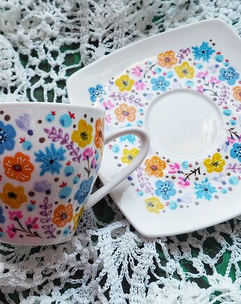 Ręcznie malowany zestaw filiżanka ze spodkiem ŁĄKA, ka.linea