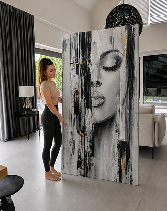 Duży obraz olejny do salonu, na antresolę Kobieta XXL 100x180 cm, Diana Abstract Art